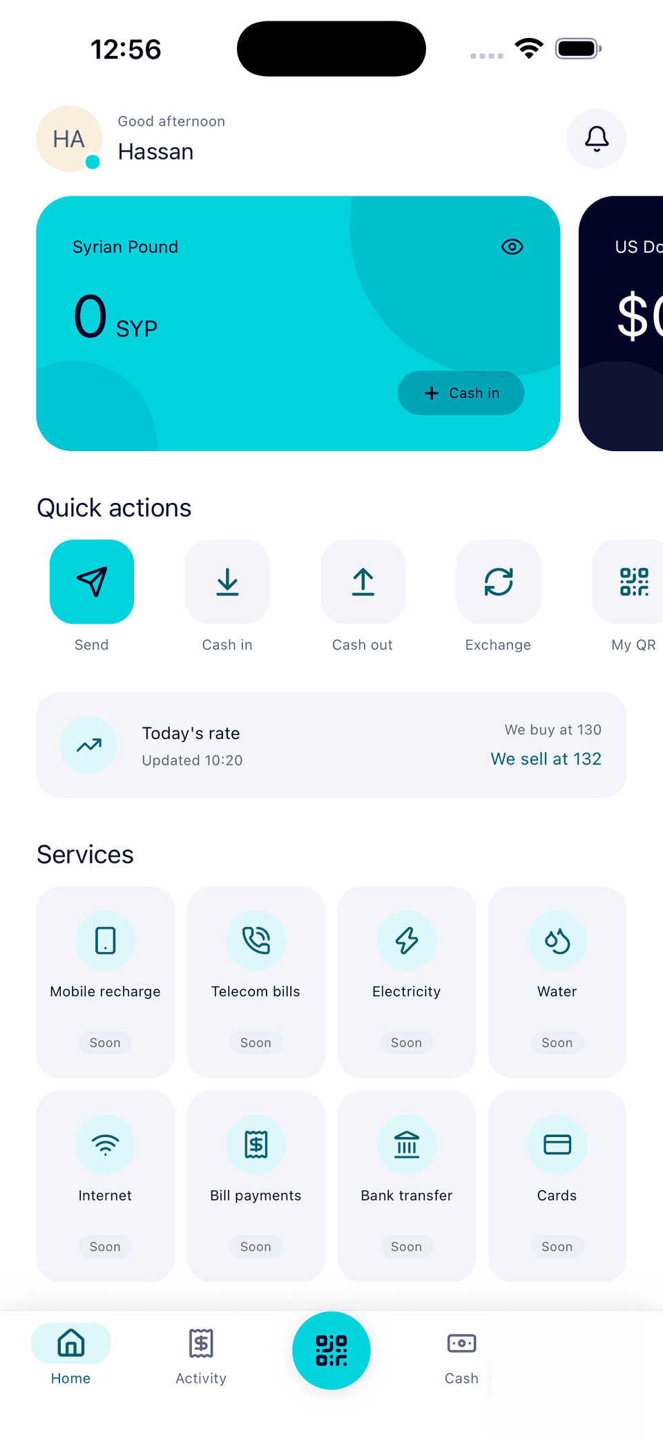 The SyPay home screen, showing SYP and USD wallets, quick actions and today's exchange rate